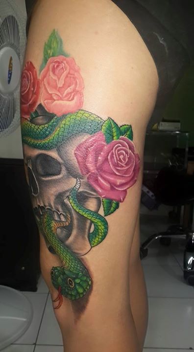 skull snake rose tattoo in color