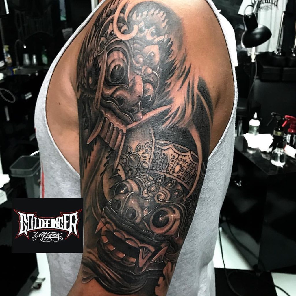 Rangda and Barong Mask Tattoo Sleeve by Gus Badra Goldfinger Tattoo Studio