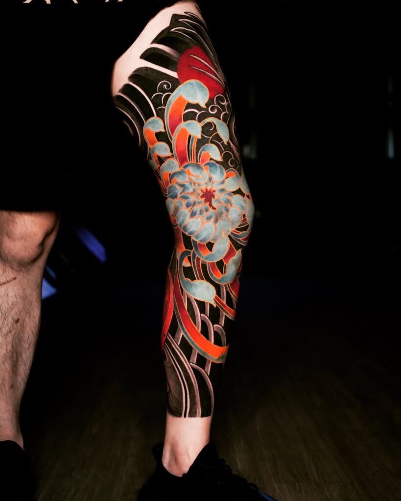 Japanese Chrysanthemum Leg Sleeve Tattoo by Lokub La Tattuu