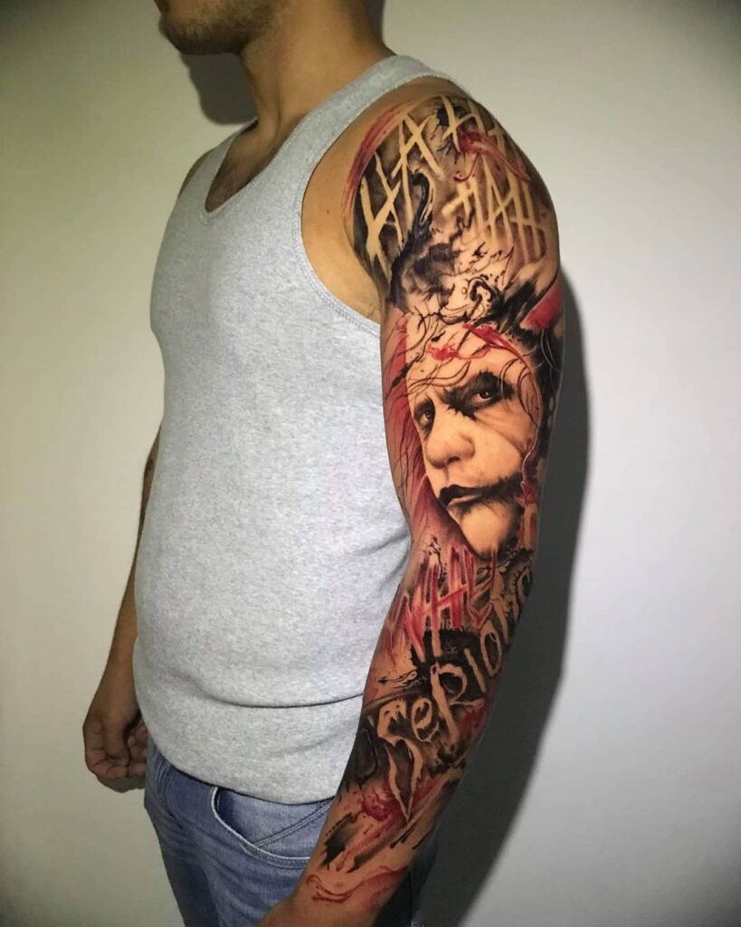 Joker tattoo sleeve Why So Serious portrait by Lokub La Tattuu