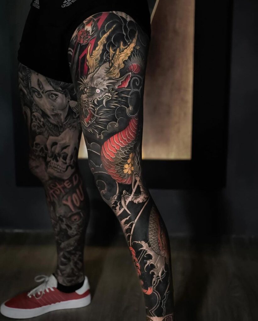 Japanese dragon leg sleeve tattoo by Lokub La Tattuu