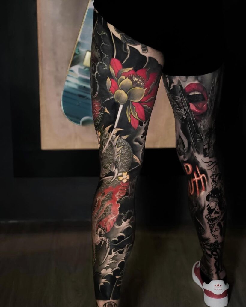 Japanese flowers and dragon leg sleeve tattoo by Lokub La Tattuu