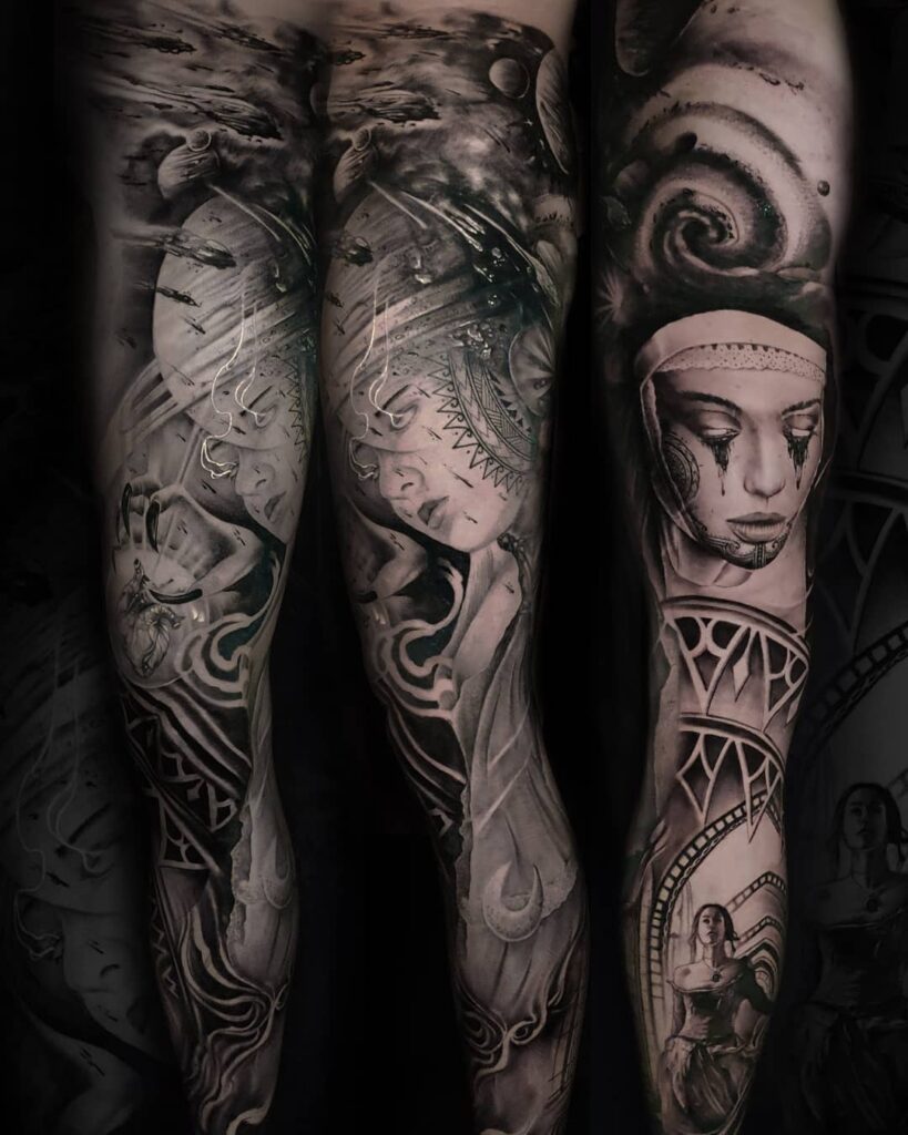 leg sleeve tattoo Bali artist Lokub La Tattuu