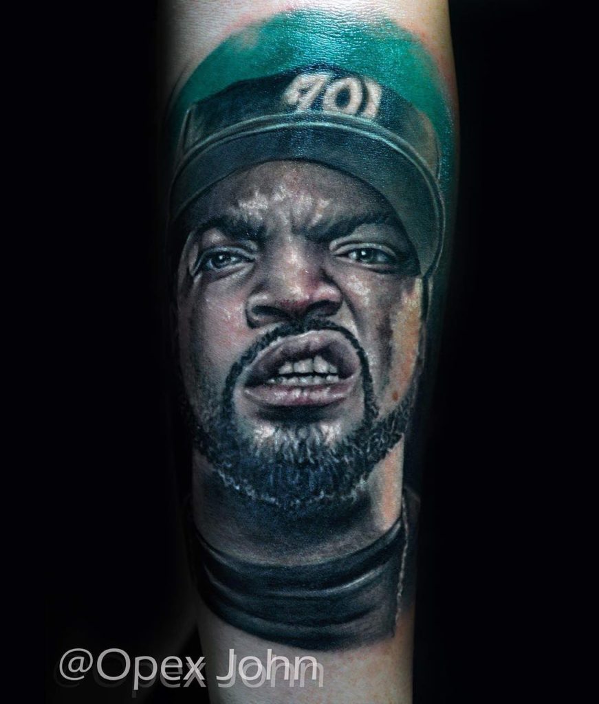 ice cube tattoo portrait wearing cap