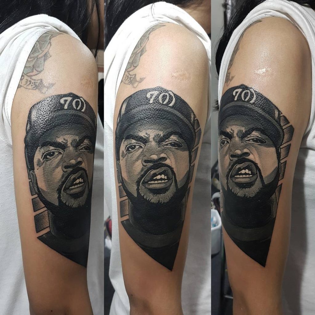 arm tattoo portrait of ice cube