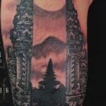 Agung volcano and temple tattoo by Yuda HBSC Bali