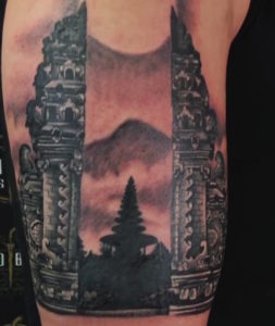 Agung volcano and temple tattoo by Yuda HBSC Bali