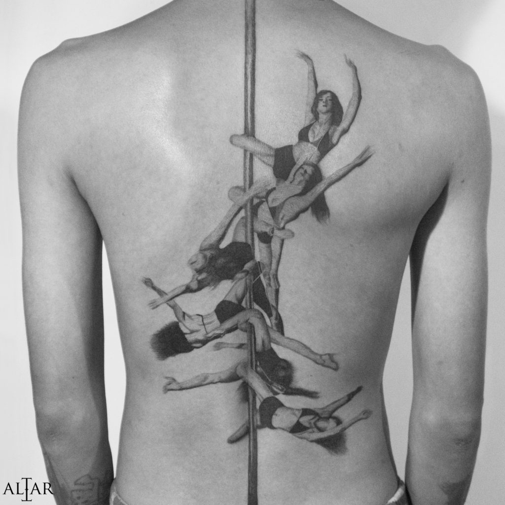 Pole dancer tattoo by Lyra, Bali