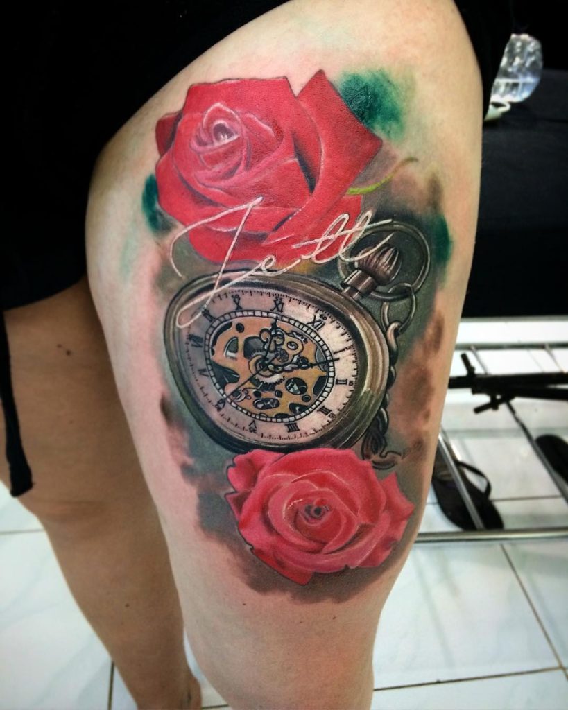 Pocketwatch tattoo with roses by Pank