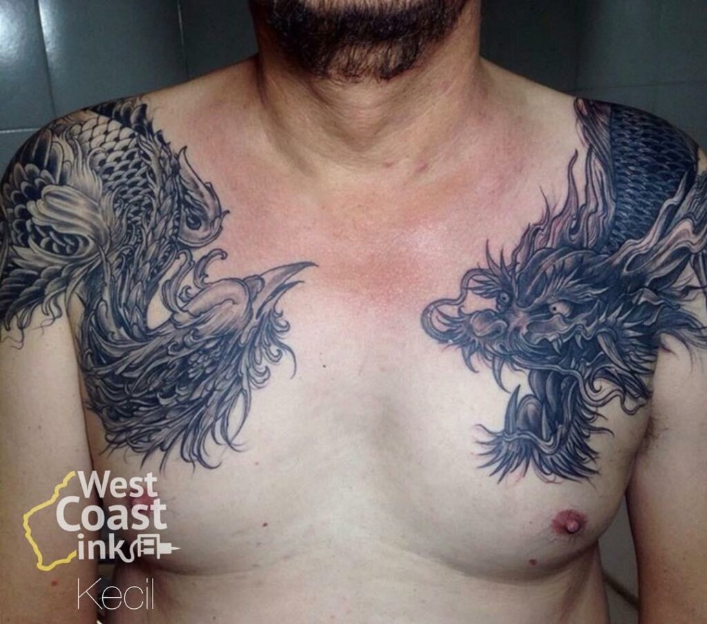 Phoenix and Dragon Chestpiece by Kecil Ezr West Coast Ink Bali