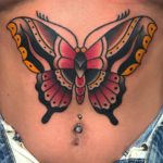 Gunz Tattoo - Old School Black Red and Yellow Butterfly on Stomach