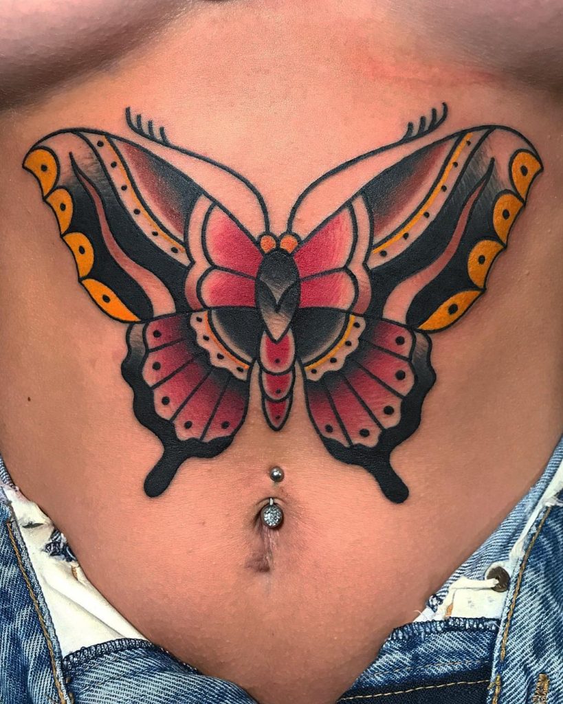 Gunz Tattoo - Old School Black Red and Yellow Butterfly on Stomach