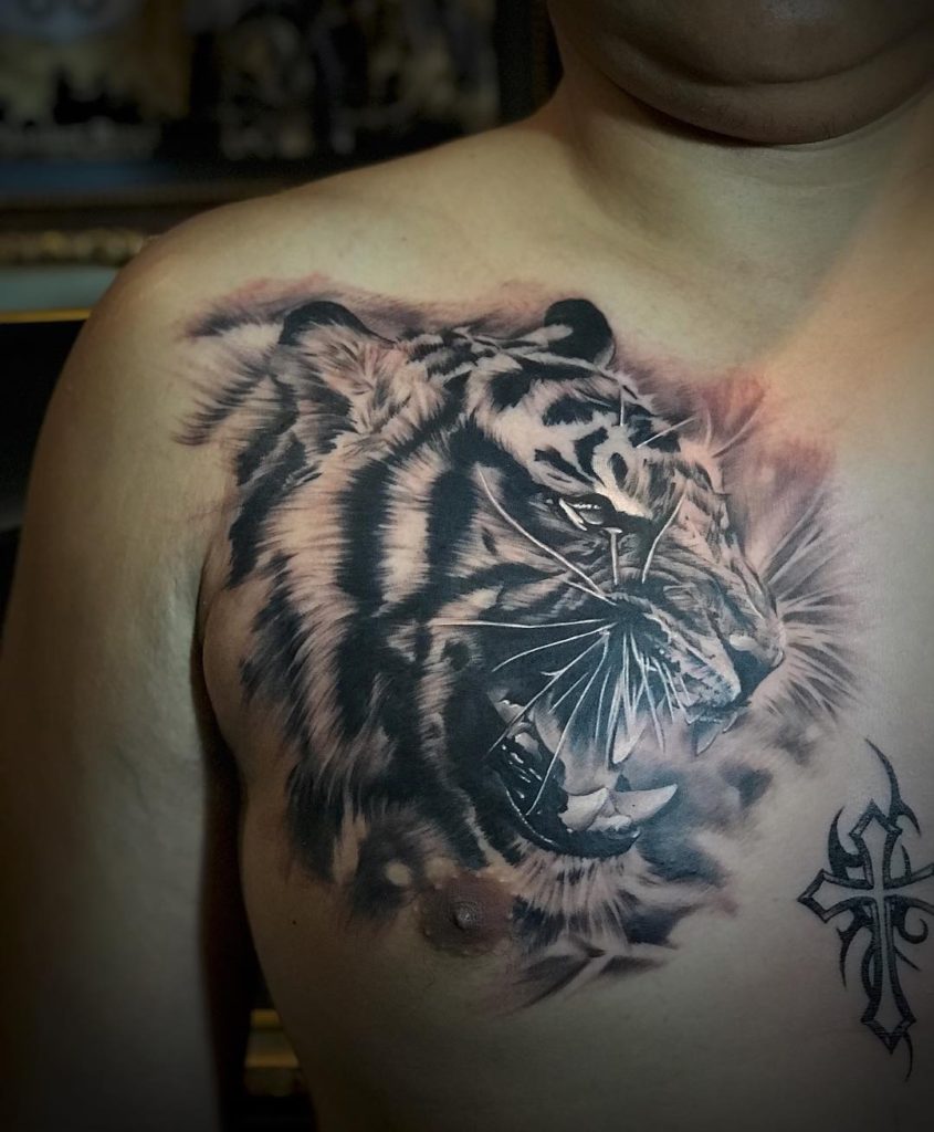 Tiger chest tattoo by Ronald Arnold