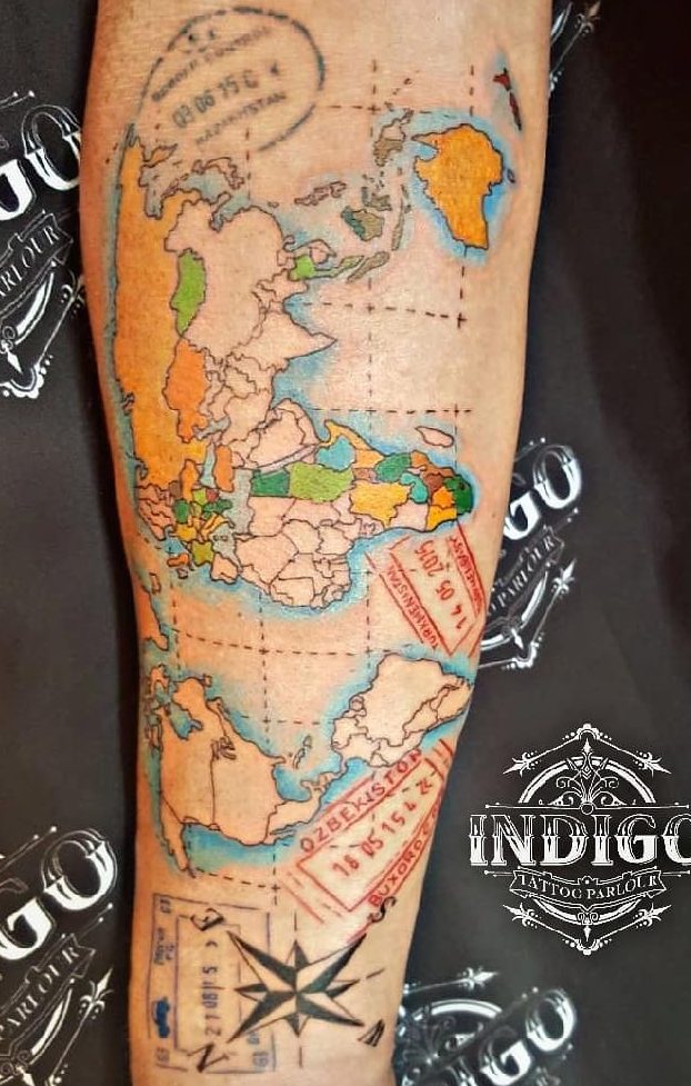 World Map Tattoo by Indigo Tattoo Parlour