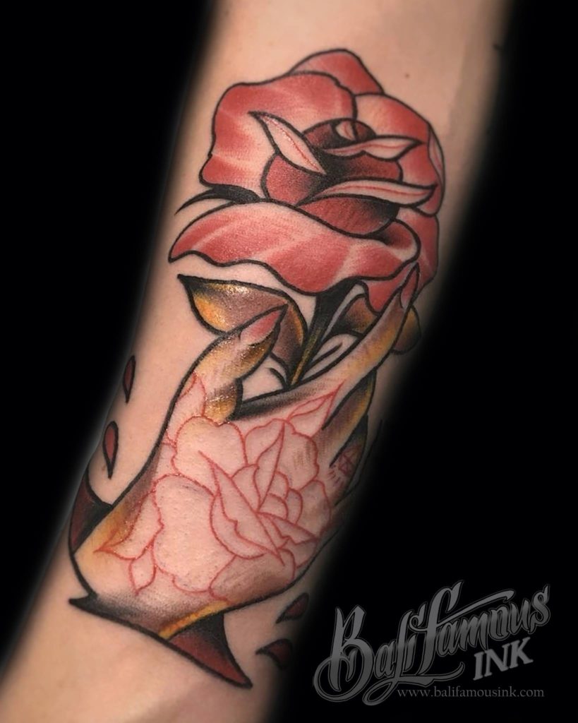 red rose and hand tattoo by Fandem Fey