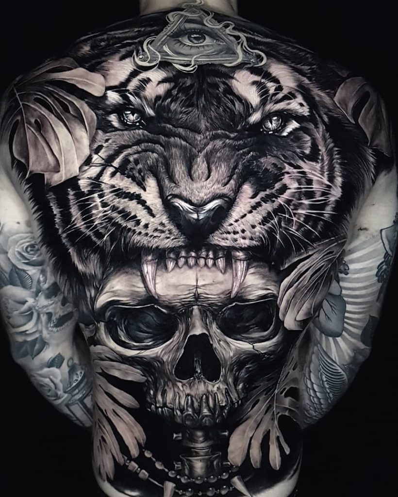 Tiger skull backpiece by Ata Ink