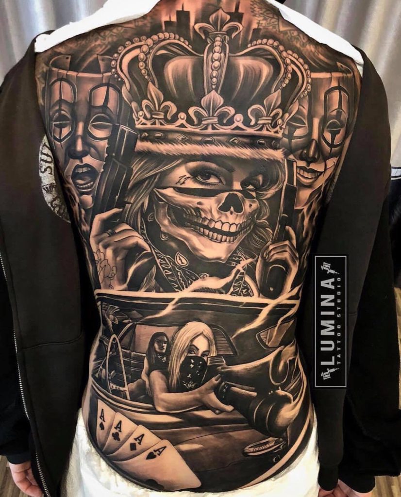 Gangster casino backpiece from Lumina Tattoo Studio Bali December 2018