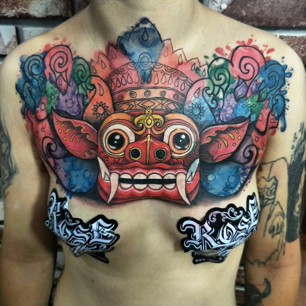 Watercolor Barong Tattoo Chestpiece by Fenda at Black Rose Tattoo Bali January 2019