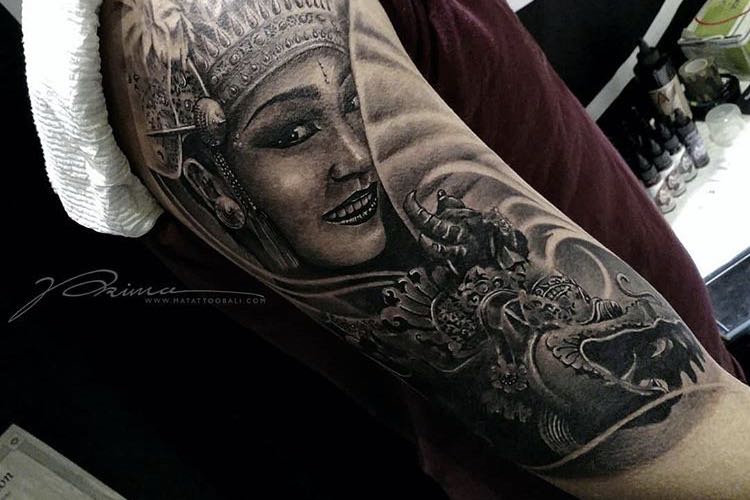 Balinese Dancer and Naga Statue Tattoo by Prima @ Golden State Tattoo Expo