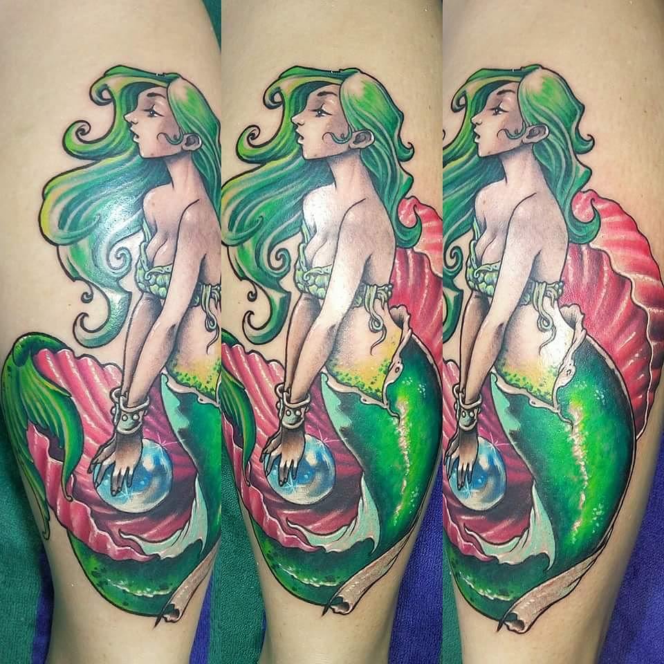 Green gypsy mermaid tattoo by Two Guns Tattoo Bali 2016