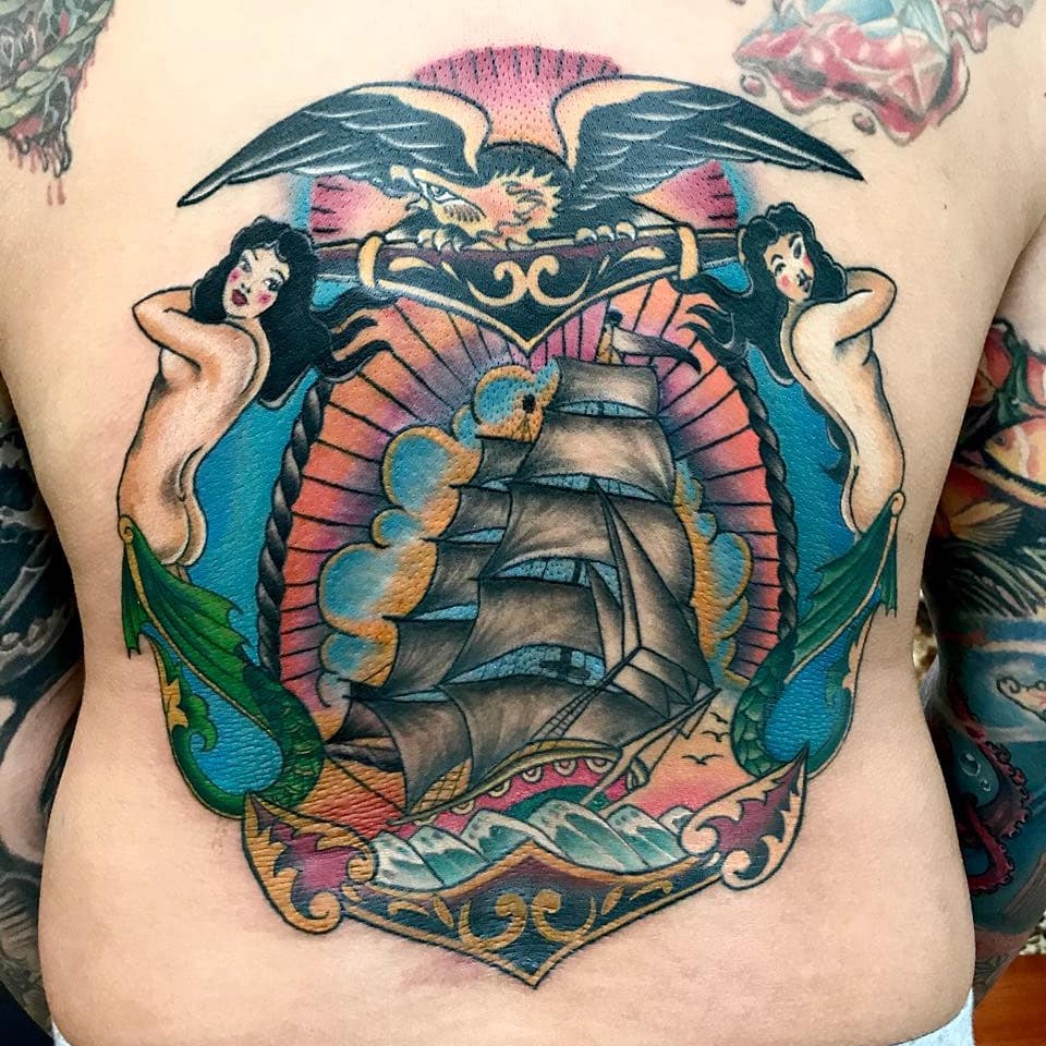 Neo-traditional sailing ship tattoo with an eagle and twin mermaids, Jan 2018