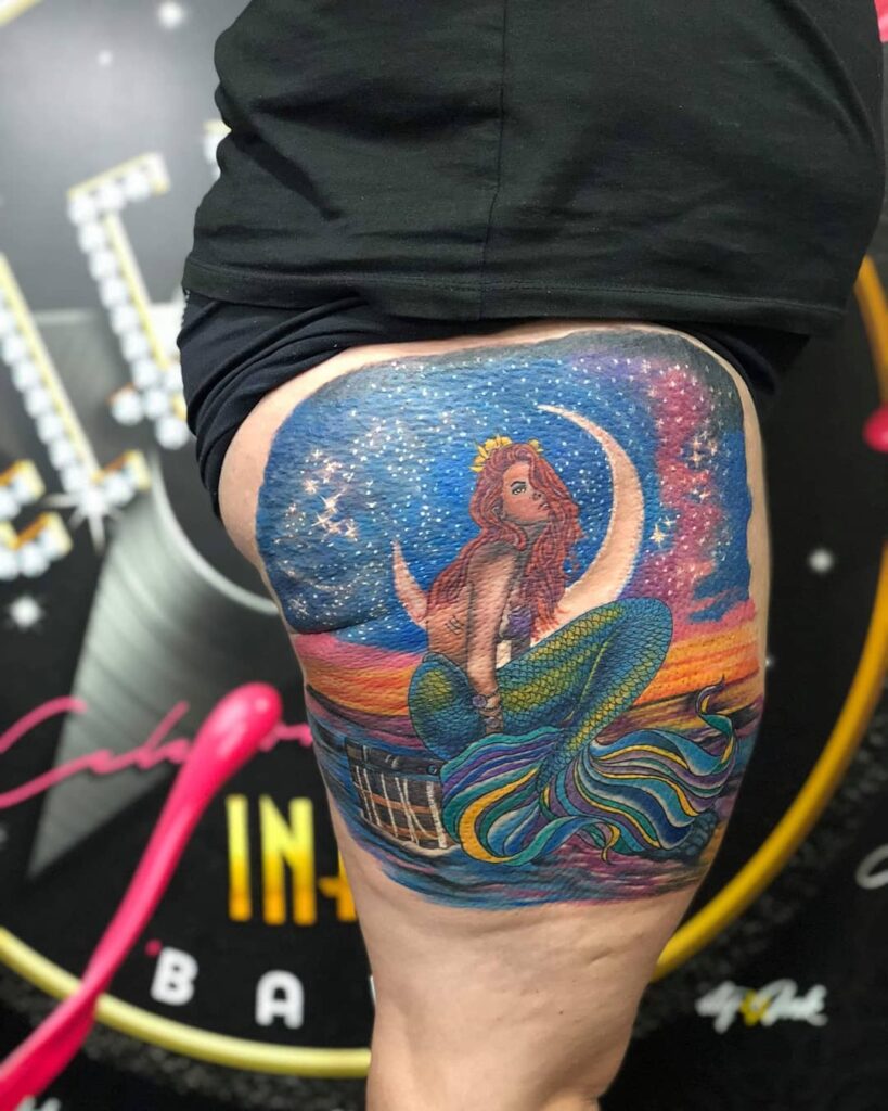 Mermaid and moon color thigh tattoo