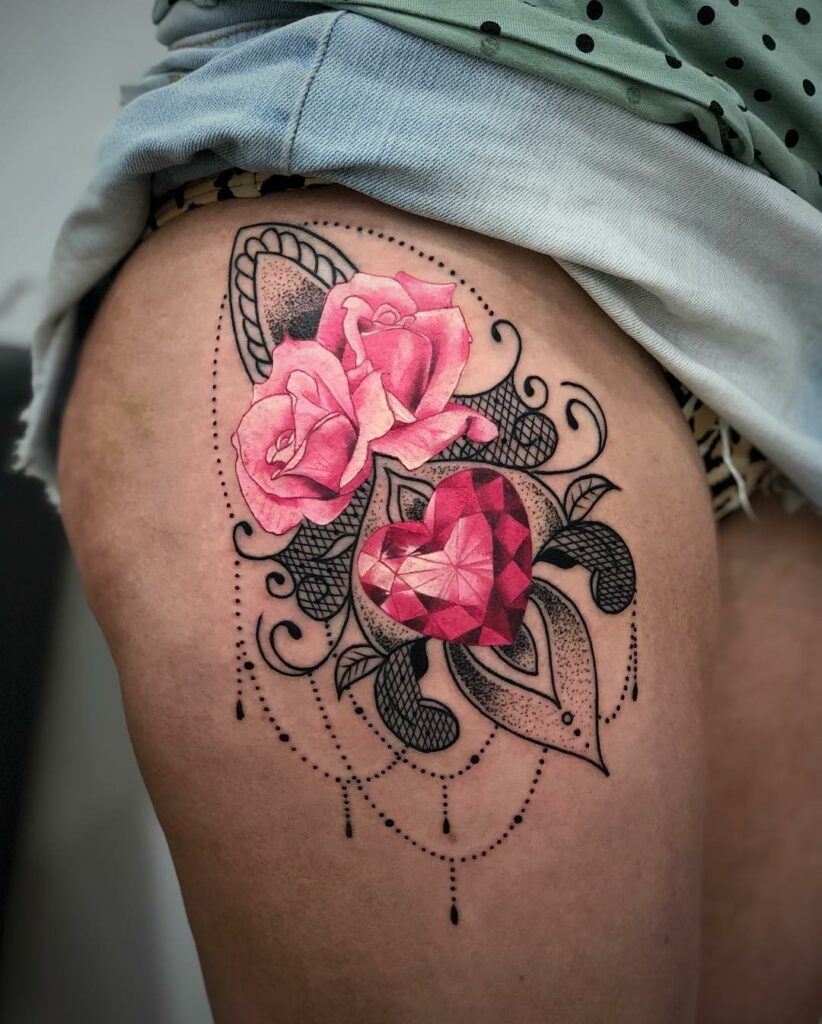 Pink roses and heart gemstone by Ronald Arnold Tattoos - Bali, Dec 2018