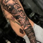 Japanese tattoo sleeve realistic oriental buddha and temple Dass Art Platinum Tattoo Studio Bali Oct 2019