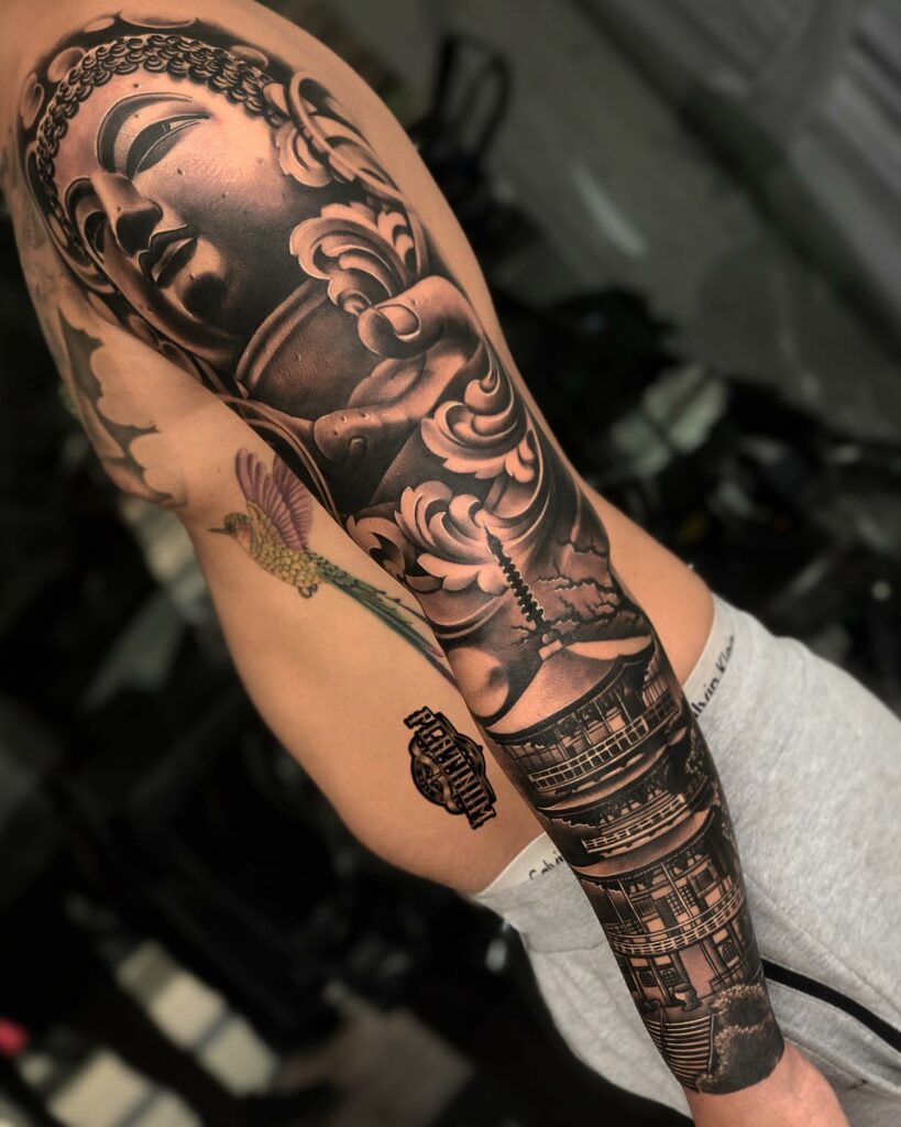 Japanese tattoo sleeve realistic oriental buddha and temple Dass Art Platinum Tattoo Studio Bali Oct 2019