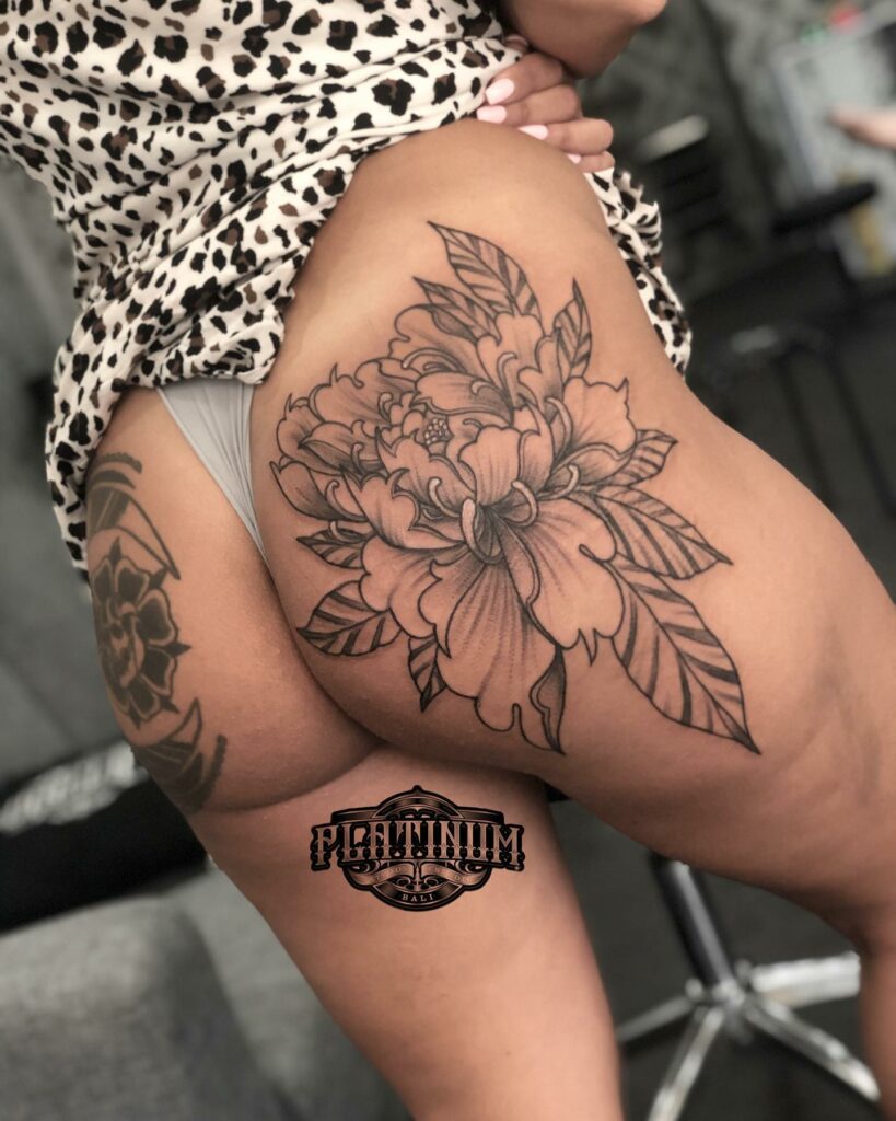 'Peony Flower Sexy Tattoo' by Platinum Tattoo Studio Bali Dec 2019 for Laura Klaus booty tattoos