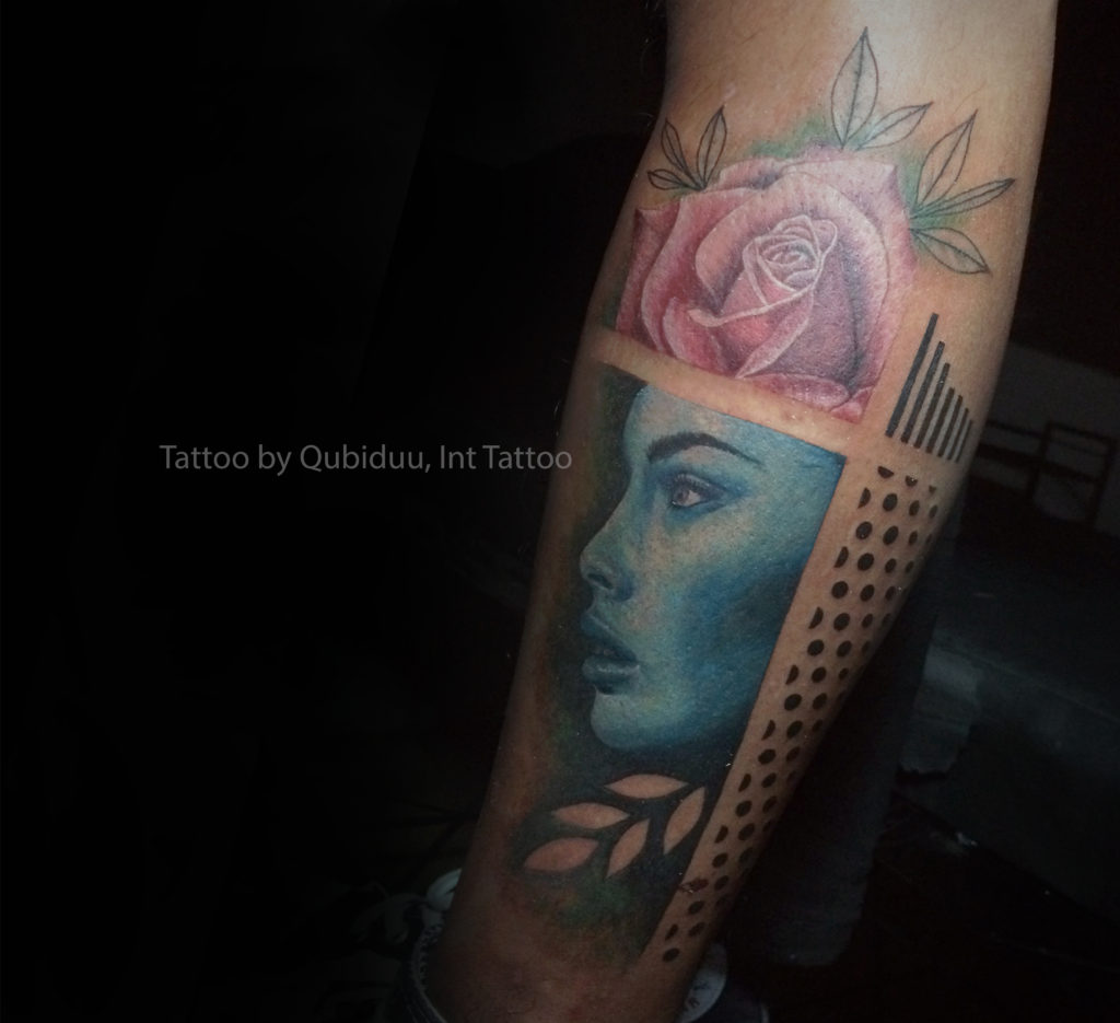 Blue portrait pink rose tattoo by Qubiduu Bali tattoo artist