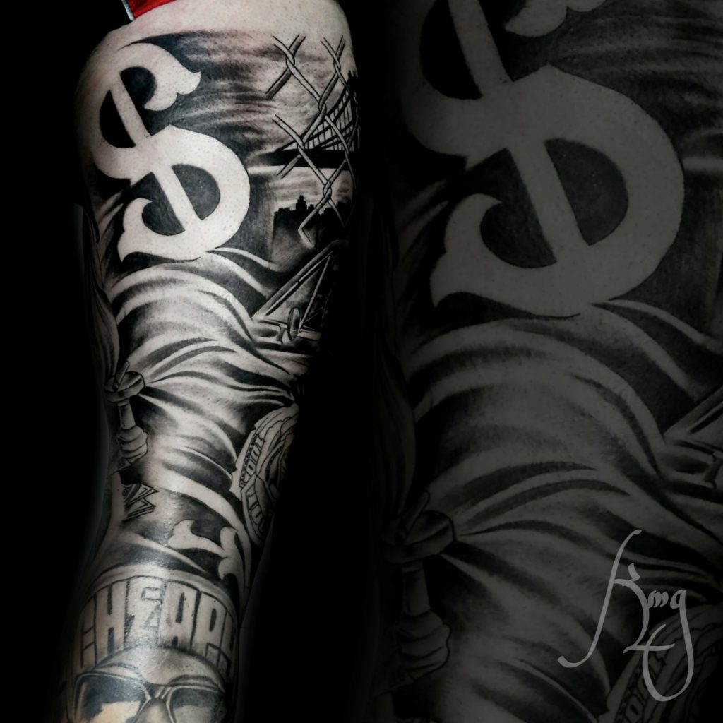 Bali black and grey sleeve tattoo by Komeng nked