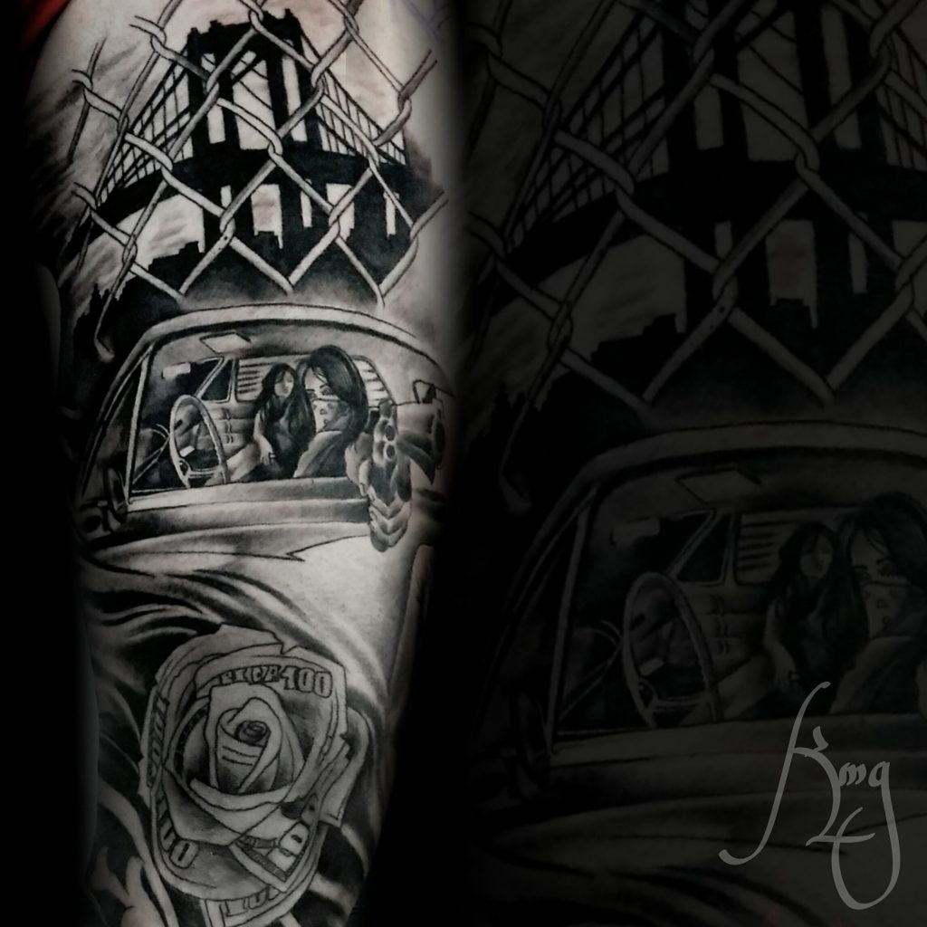 Bali black and grey sleeve tattoo by Komeng nked